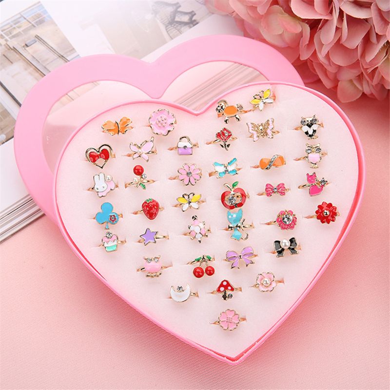 36pcs Little Girl Gift with Heart Box, Cute Jewelry Adjustable