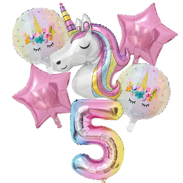 KidsFam 6pc Rainbow Unicorn Balloon Kit | Foil Balloon, Gradient Number Balloon Set for Kids Birthday Party Decor & Baby Showers