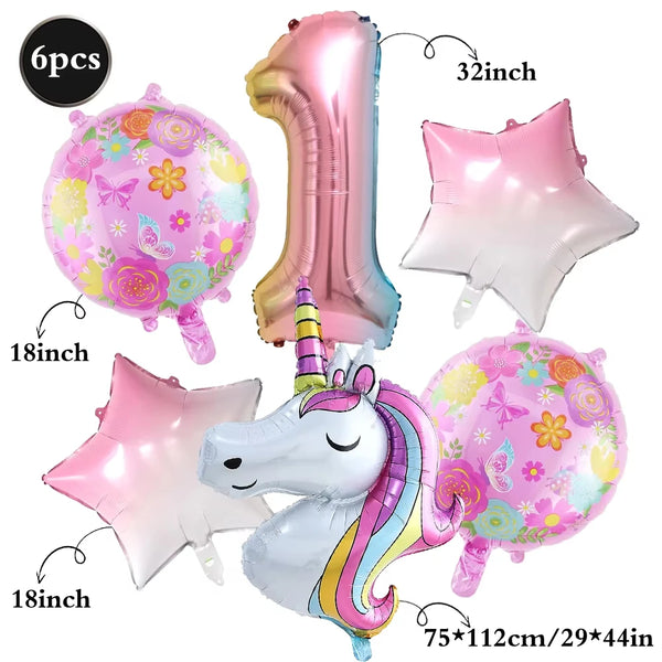 KidsFam 6pc Rainbow Unicorn Balloon Kit | Foil Balloon, Gradient Number Balloon Set for Kids Birthday Party Decor & Baby Showers