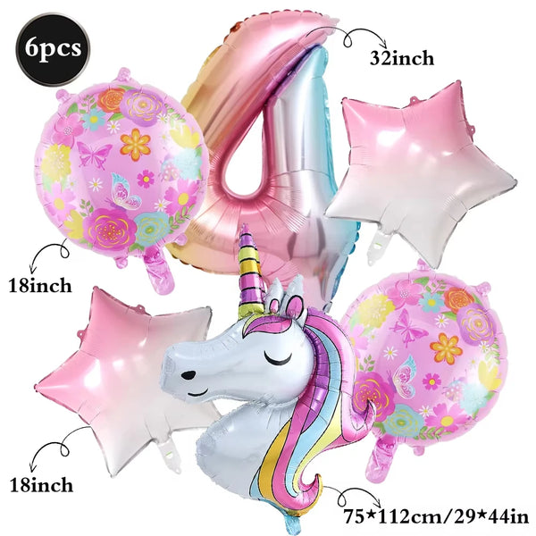 KidsFam 6pc Rainbow Unicorn Balloon Kit | Foil Balloon, Gradient Number Balloon Set for Kids Birthday Party Decor & Baby Showers