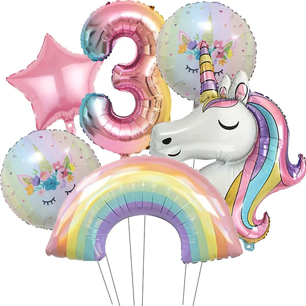 KidsFam 6pc Rainbow Unicorn Balloon Kit | Foil Balloon, Gradient Number Balloon Set for Kids Birthday Party Decor & Baby Showers