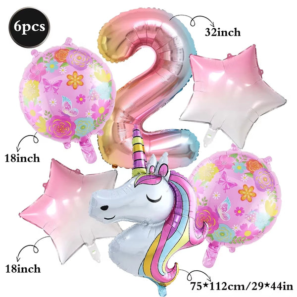 KidsFam 6pc Rainbow Unicorn Balloon Kit | Foil Balloon, Gradient Number Balloon Set for Kids Birthday Party Decor & Baby Showers