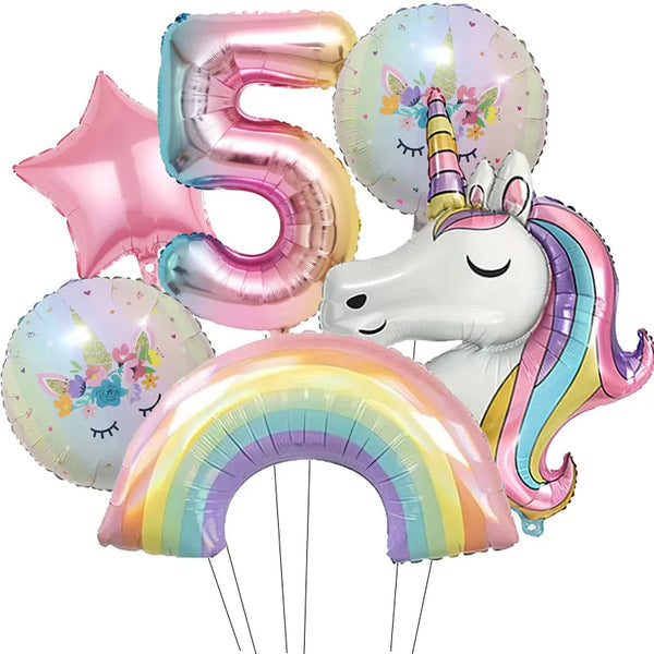 KidsFam 6pc Rainbow Unicorn Balloon Kit | Foil Balloon, Gradient Number Balloon Set for Kids Birthday Party Decor & Baby Showers