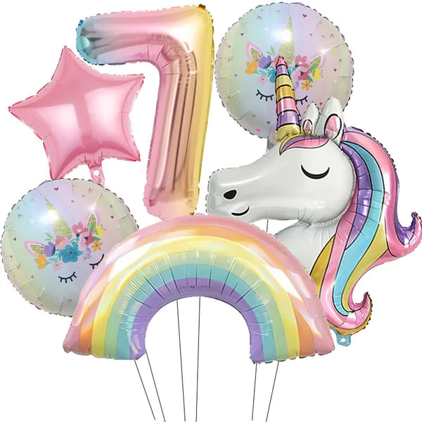 KidsFam 6pc Rainbow Unicorn Balloon Kit | Foil Balloon, Gradient Number Balloon Set for Kids Birthday Party Decor & Baby Showers
