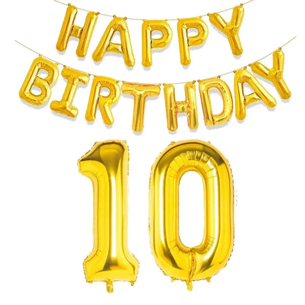 KidsFam gold Happy Birthday and age number foil balloon set