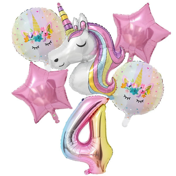 KidsFam 6pc Rainbow Unicorn Balloon Kit | Foil Balloon, Gradient Number Balloon Set for Kids Birthday Party Decor & Baby Showers
