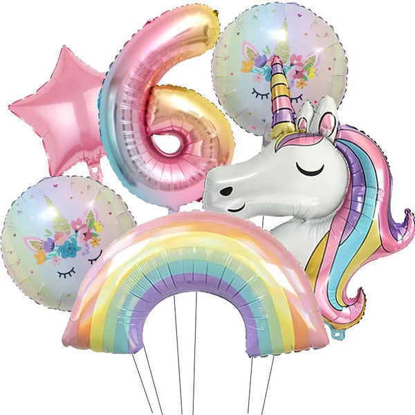 KidsFam 6pc Rainbow Unicorn Balloon Kit | Foil Balloon, Gradient Number Balloon Set for Kids Birthday Party Decor & Baby Showers
