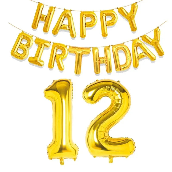 KidsFam gold Happy Birthday and age number foil balloon set