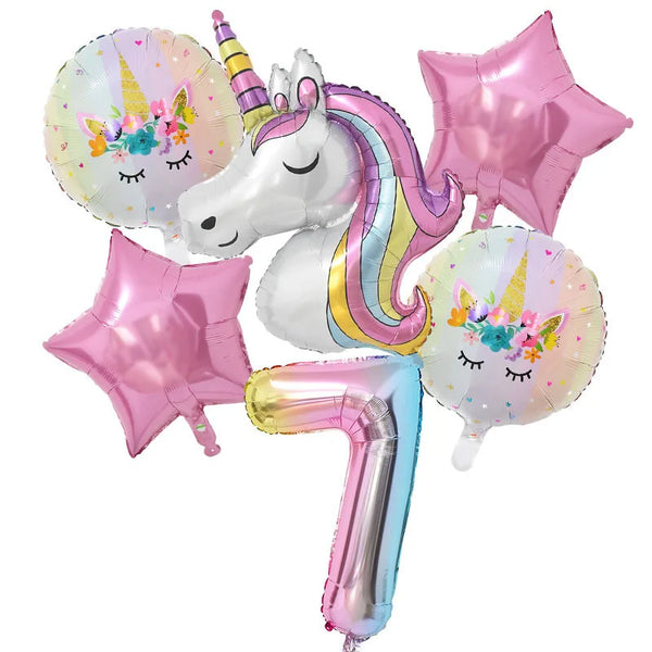KidsFam 6pc Rainbow Unicorn Balloon Kit | Foil Balloon, Gradient Number Balloon Set for Kids Birthday Party Decor & Baby Showers
