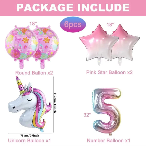 KidsFam 6pc Rainbow Unicorn Balloon Kit | Foil Balloon, Gradient Number Balloon Set for Kids Birthday Party Decor & Baby Showers