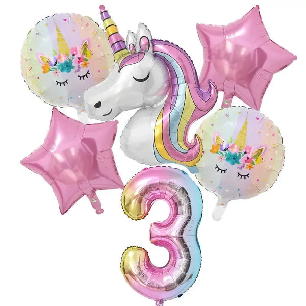 KidsFam 6pc Rainbow Unicorn Balloon Kit | Foil Balloon, Gradient Number Balloon Set for Kids Birthday Party Decor & Baby Showers