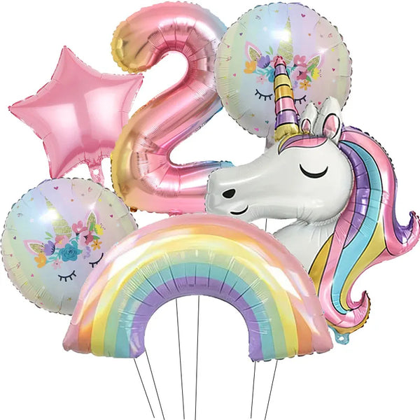 KidsFam 6pc Rainbow Unicorn Balloon Kit | Foil Balloon, Gradient Number Balloon Set for Kids Birthday Party Decor & Baby Showers