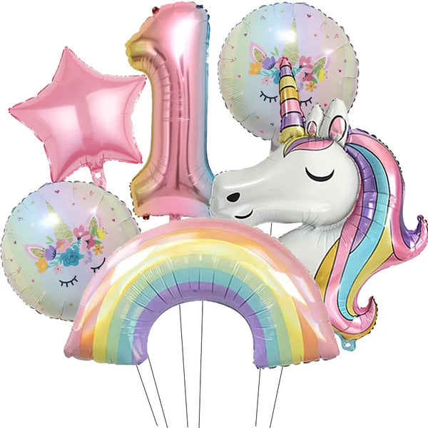 KidsFam 6pc Rainbow Unicorn Balloon Kit | Foil Balloon, Gradient Number Balloon Set for Kids Birthday Party Decor & Baby Showers