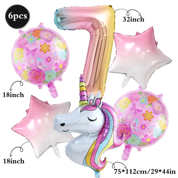 KidsFam 6pc Rainbow Unicorn Balloon Kit | Foil Balloon, Gradient Number Balloon Set for Kids Birthday Party Decor & Baby Showers