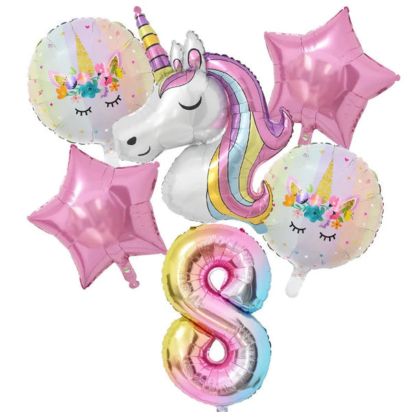 KidsFam 6pc Rainbow Unicorn Balloon Kit | Foil Balloon, Gradient Number Balloon Set for Kids Birthday Party Decor & Baby Showers