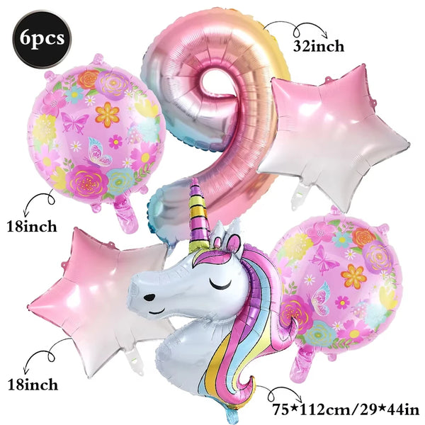 KidsFam 6pc Rainbow Unicorn Balloon Kit | Foil Balloon, Gradient Number Balloon Set for Kids Birthday Party Decor & Baby Showers