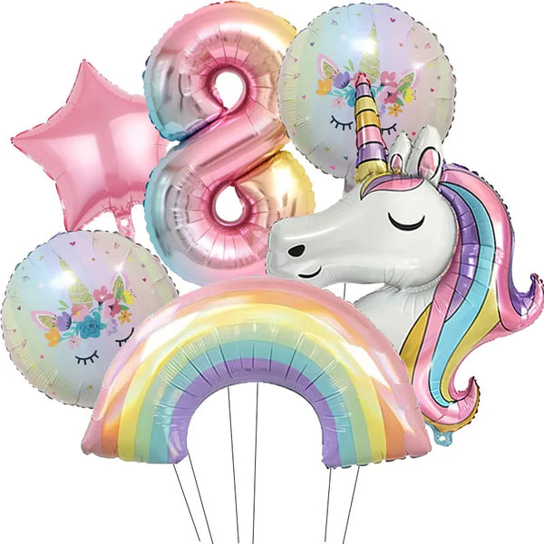 KidsFam 6pc Rainbow Unicorn Balloon Kit | Foil Balloon, Gradient Number Balloon Set for Kids Birthday Party Decor & Baby Showers