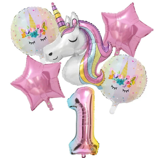 KidsFam 6pc Rainbow Unicorn Balloon Kit | Foil Balloon, Gradient Number Balloon Set for Kids Birthday Party Decor & Baby Showers