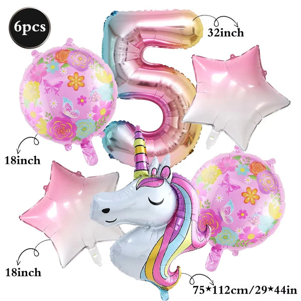 KidsFam 6pc Rainbow Unicorn Balloon Kit | Foil Balloon, Gradient Number Balloon Set for Kids Birthday Party Decor & Baby Showers