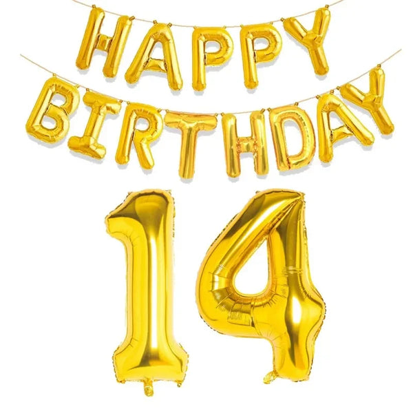 KidsFam gold Happy Birthday and age number foil balloon set