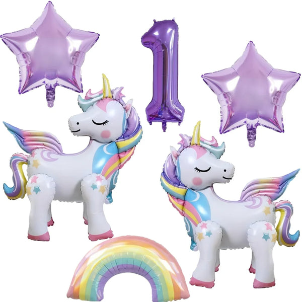 KidsFam 6pc Rainbow Unicorn Balloon Kit | Foil Balloon, Gradient Number Balloon Set for Kids Birthday Party Decor & Baby Showers