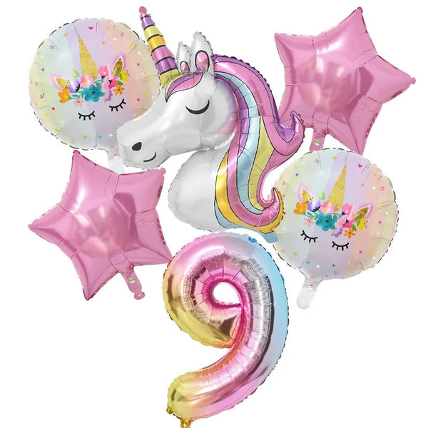 KidsFam 6pc Rainbow Unicorn Balloon Kit | Foil Balloon, Gradient Number Balloon Set for Kids Birthday Party Decor & Baby Showers