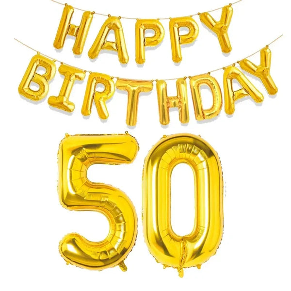 KidsFam gold Happy Birthday and age number foil balloon set