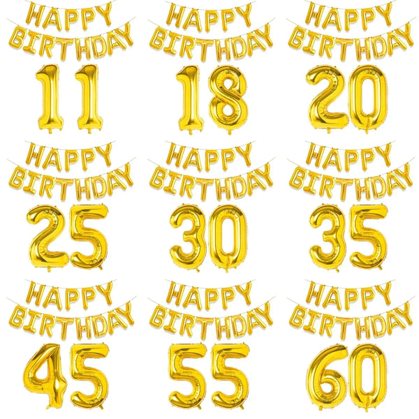KidsFam gold Happy Birthday and age number foil balloon set