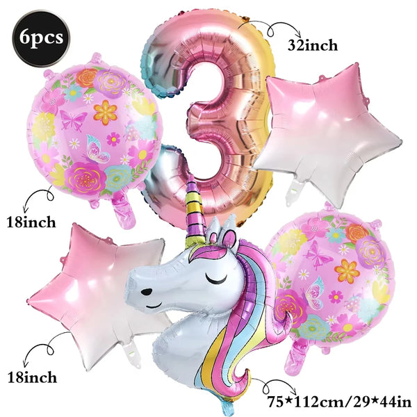 KidsFam 6pc Rainbow Unicorn Balloon Kit | Foil Balloon, Gradient Number Balloon Set for Kids Birthday Party Decor & Baby Showers