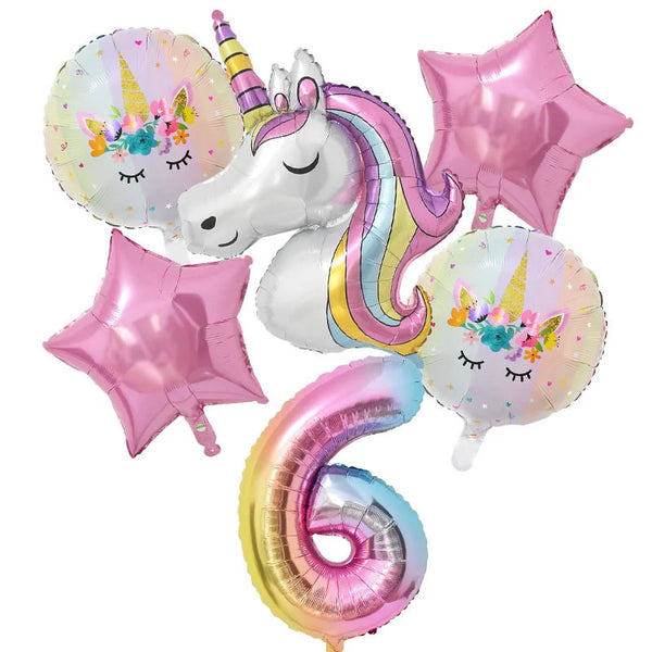 KidsFam 6pc Rainbow Unicorn Balloon Kit | Foil Balloon, Gradient Number Balloon Set for Kids Birthday Party Decor & Baby Showers