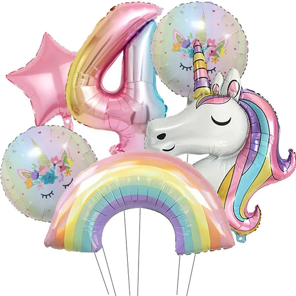 KidsFam 6pc Rainbow Unicorn Balloon Kit | Foil Balloon, Gradient Number Balloon Set for Kids Birthday Party Decor & Baby Showers