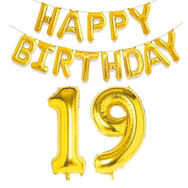 KidsFam gold Happy Birthday and age number foil balloon set