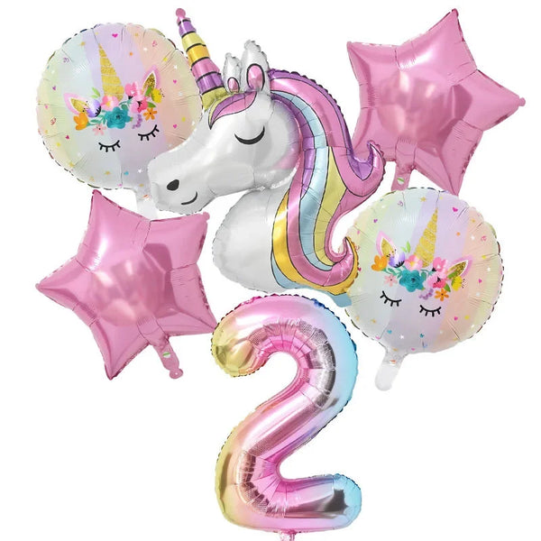 KidsFam 6pc Rainbow Unicorn Balloon Kit | Foil Balloon, Gradient Number Balloon Set for Kids Birthday Party Decor & Baby Showers