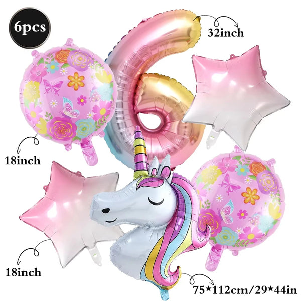 KidsFam 6pc Rainbow Unicorn Balloon Kit | Foil Balloon, Gradient Number Balloon Set for Kids Birthday Party Decor & Baby Showers