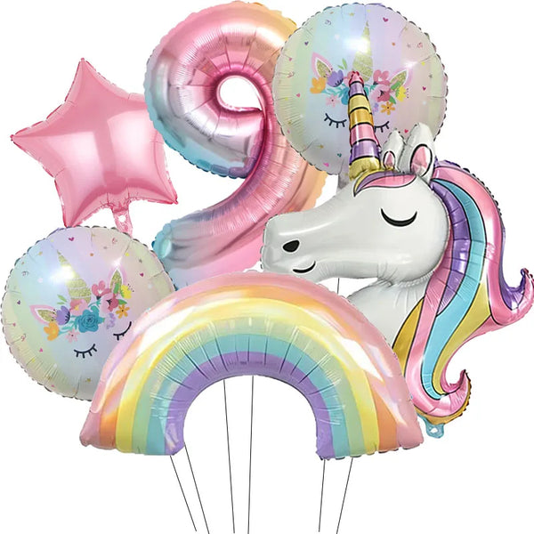 KidsFam 6pc Rainbow Unicorn Balloon Kit | Foil Balloon, Gradient Number Balloon Set for Kids Birthday Party Decor & Baby Showers