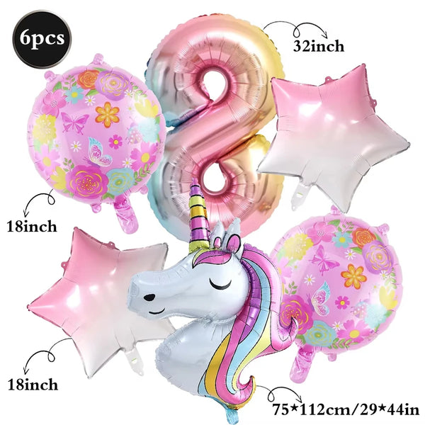 KidsFam 6pc Rainbow Unicorn Balloon Kit | Foil Balloon, Gradient Number Balloon Set for Kids Birthday Party Decor & Baby Showers