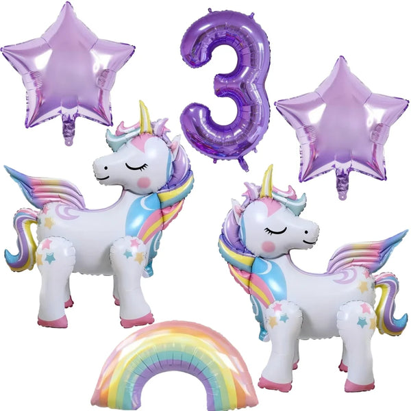 KidsFam 6pc Rainbow Unicorn Balloon Kit | Foil Balloon, Gradient Number Balloon Set for Kids Birthday Party Decor & Baby Showers