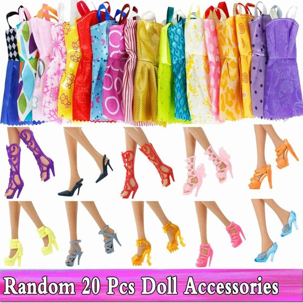 Cute Doll Accessories for Barbie Doll Shoes Boots Mini Dress Handbags Crown Hangers Glasses Doll Clothes Kids Toy 12''