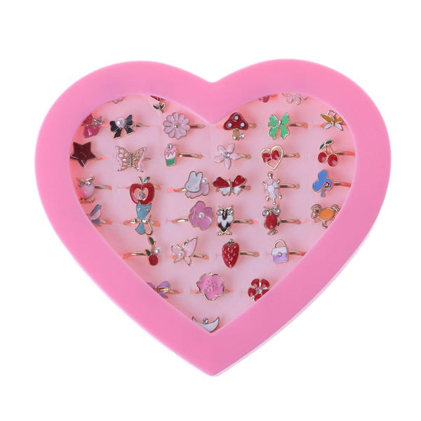 36pcs Little Girl Gift with Heart Box, Cute Jewelry Adjustable Rings in Box, Girl Pretend Play and Dress up Rings