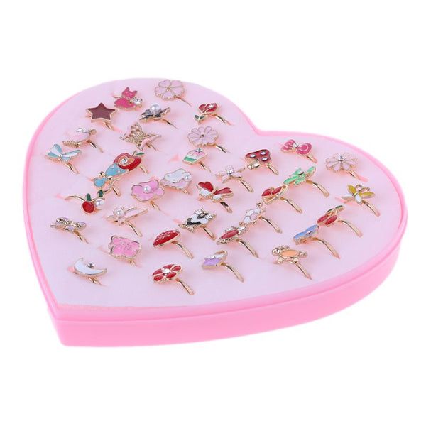 36pcs Little Girl Gift with Heart Box, Cute Jewelry Adjustable Rings in Box, Girl Pretend Play and Dress up Rings